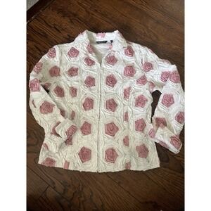 Samuel Dong Women's Zip Up Jacket Size L Ornate Flower Design Pink White